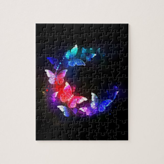 Glowing Neon Night Butterflies on Black background Jigsaw Puzzle (Vertical)