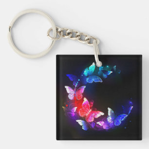 Glowing Neon Night Butterflies on Black background Key Ring