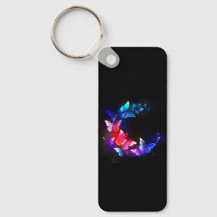 Glowing Neon Night Butterflies on Black background Key Ring