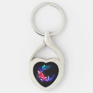 Glowing Neon Night Butterflies on Black background Key Ring