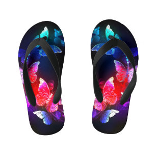 Glowing Neon Night Butterflies on Black background Kid's Jandals