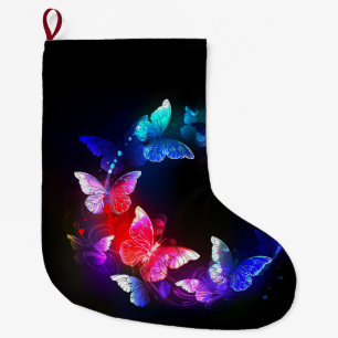 Glowing Neon Night Butterflies on Black background Large Christmas Stocking