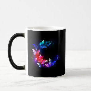 Glowing Neon Night Butterflies on Black background Magic Mug