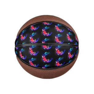 Glowing Neon Night Butterflies on Black background Mini Basketball