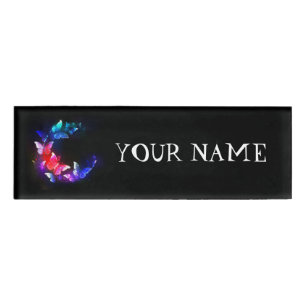 Glowing Neon Night Butterflies on Black background Name Tag