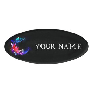 Glowing Neon Night Butterflies on Black background Name Tag