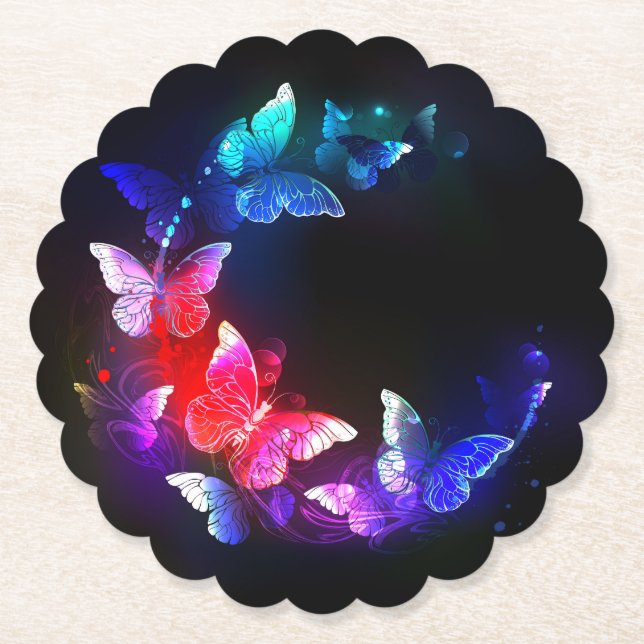 Glowing Neon Night Butterflies on Black background Paper Coaster (Front)