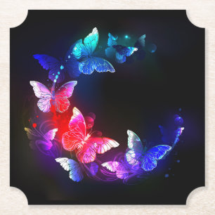 Glowing Neon Night Butterflies on Black background Paper Coaster