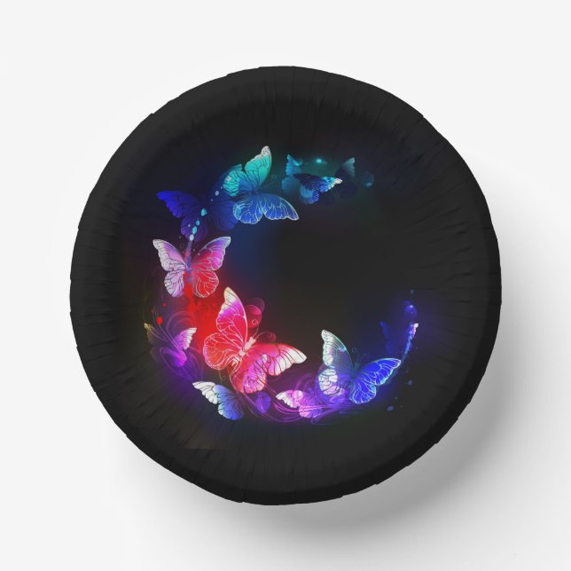 Glowing Neon Night Butterflies on Black background Paper Plate (Front)