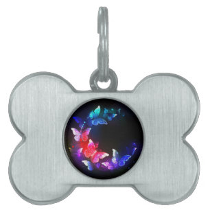 Glowing Neon Night Butterflies on Black background Pet ID Tag