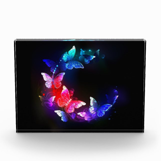 Glowing Neon Night Butterflies on Black background Photo Block (Front)