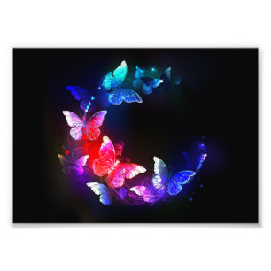 Glowing Neon Night Butterflies on Black background Photo Print