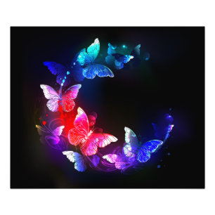 Glowing Neon Night Butterflies on Black background Photo Print