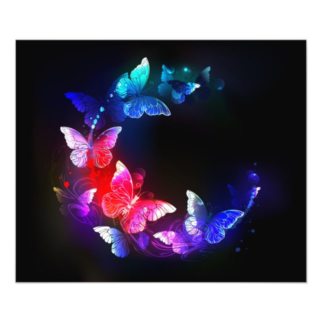 Glowing Neon Night Butterflies on Black background Photo Print (Front)
