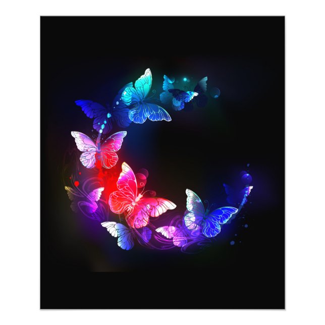 Glowing Neon Night Butterflies on Black background Photo Print (Front)