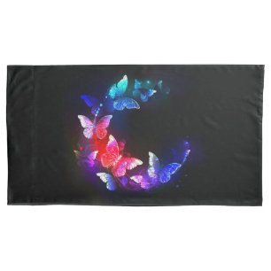 Glowing Neon Night Butterflies on Black background Pillowcase