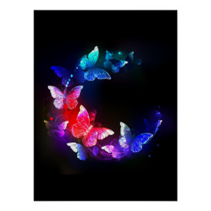 Glowing Neon Night Butterflies on Black background Poster
