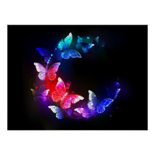 Glowing Neon Night Butterflies on Black background Poster