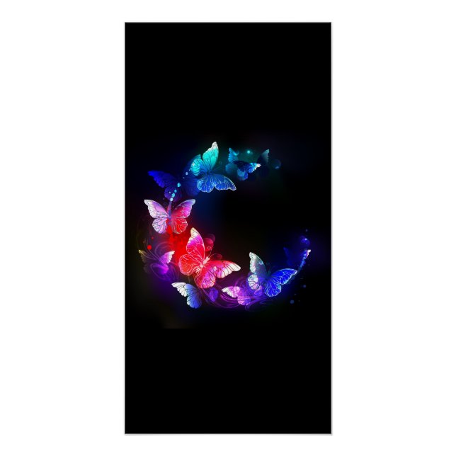 Glowing Neon Night Butterflies on Black background Poster (Front)