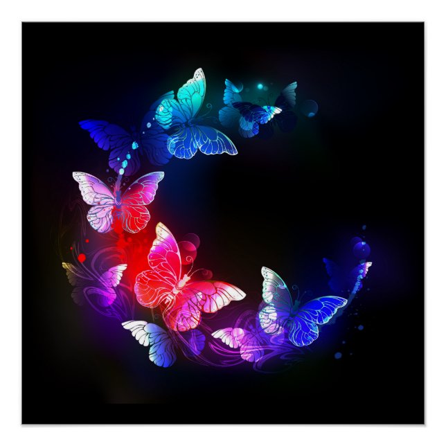 Glowing Neon Night Butterflies on Black background Poster (Front)