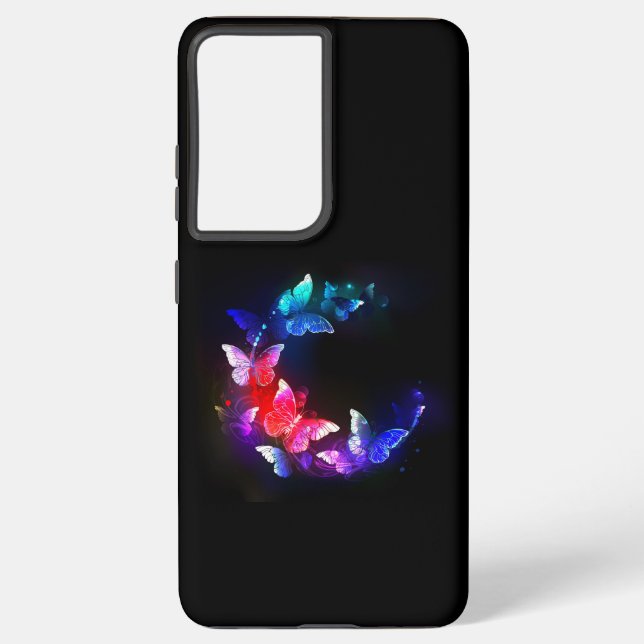 Glowing Neon Night Butterflies on Black background Samsung Galaxy S21 Ultra Case (Back)