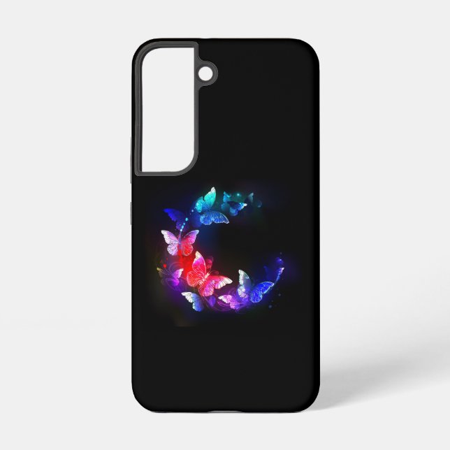 Glowing Neon Night Butterflies on Black background Samsung Galaxy S22 Case (Back)