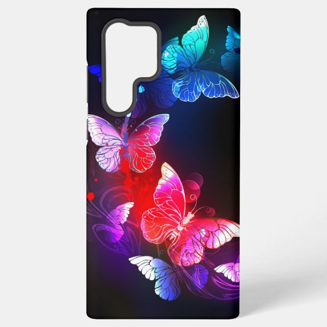 Glowing Neon Night Butterflies on Black background Samsung Galaxy S22 Ultra Case (Back)