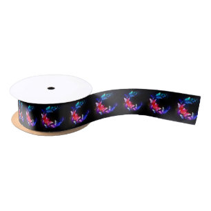 Glowing Neon Night Butterflies on Black background Satin Ribbon