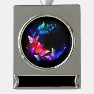 Glowing Neon Night Butterflies on Black background Silver Plated Banner Ornament