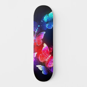 Glowing Neon Night Butterflies on Black background Skateboard