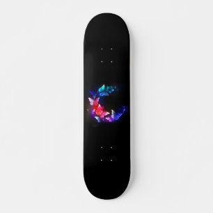 Glowing Neon Night Butterflies on Black background Skateboard