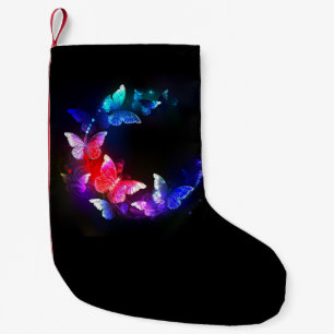 Glowing Neon Night Butterflies on Black background Small Christmas Stocking