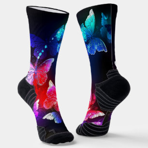 Glowing Neon Night Butterflies on Black background Socks