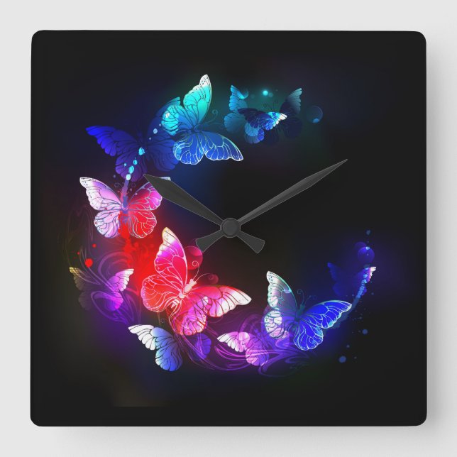 Glowing Neon Night Butterflies on Black background Square Wall Clock (Front)