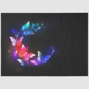 Glowing Neon Night Butterflies on Black background Tissue Paper