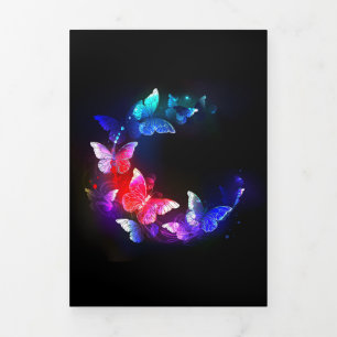 Glowing Neon Night Butterflies on Black background Tri-Fold Holiday Card