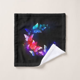 Glowing Neon Night Butterflies on Black background Wash Cloth