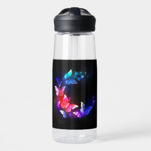 Glowing Neon Night Butterflies on Black background Water Bottle