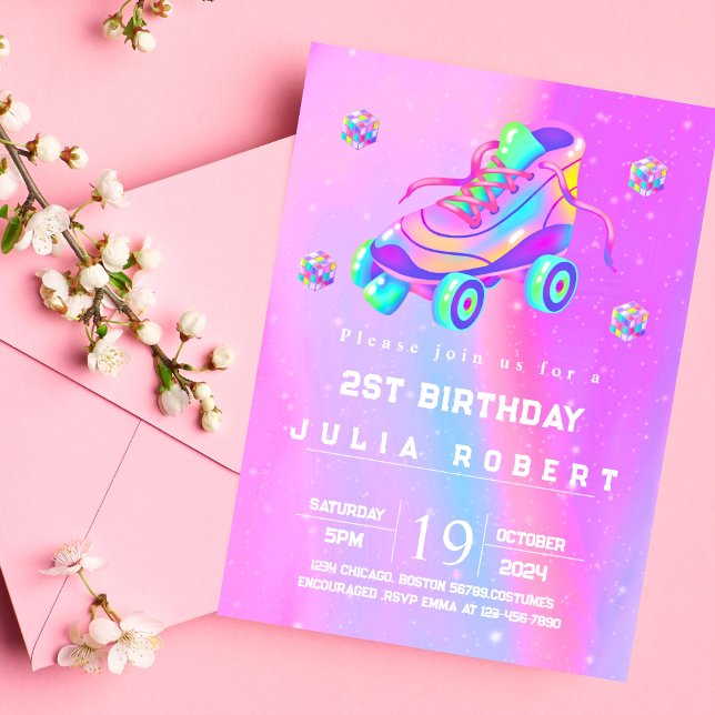 Glowing Neon Roller Skating snow Birthday pink  Invitation (Creator Uploaded)