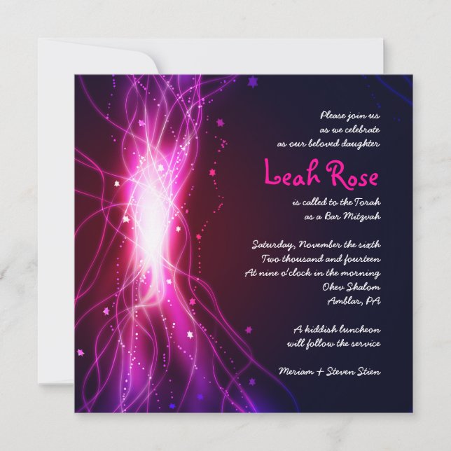 GLOWING NEON STARS Bat Mitzvah Invitation (Front)