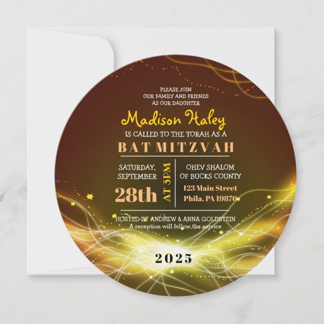 GLOWING NEON STARS Bat Mitzvah Invitation GOLD (Front)