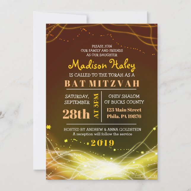GLOWING NEON STARS Bat Mitzvah Invitation GOLD (Front)