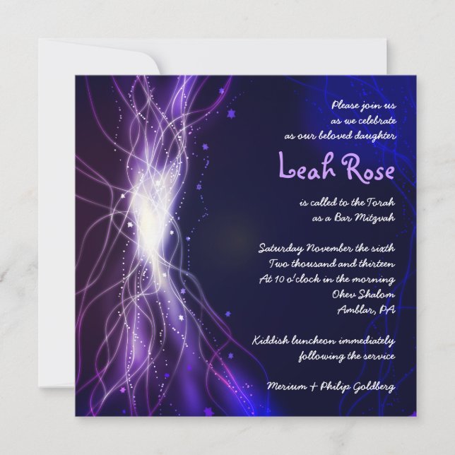 Glowing Neon Stars Bat Mitzvah Invitation purple (Front)