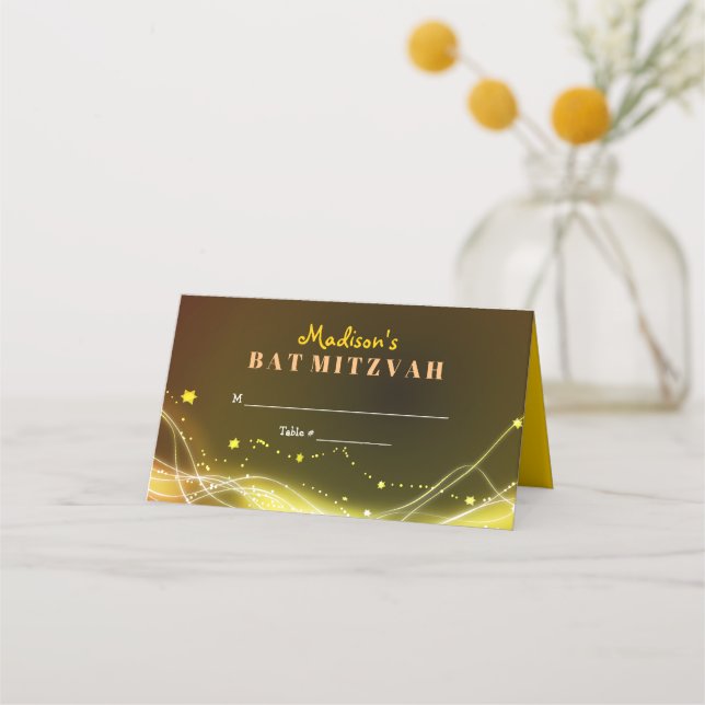 GLOWING NEON STARS Bat Mitzvah Seating Escort Place Card (Front)