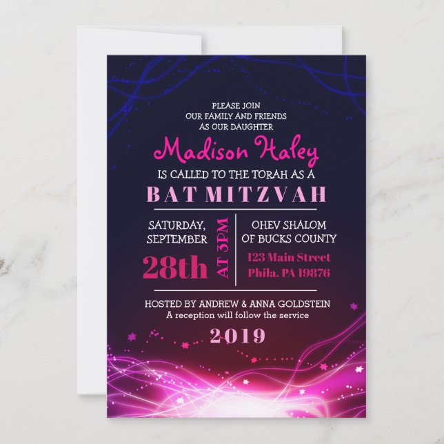 GLOWING NEON STARS FUSCHIA Bat Mitzvah Invitation (Front)