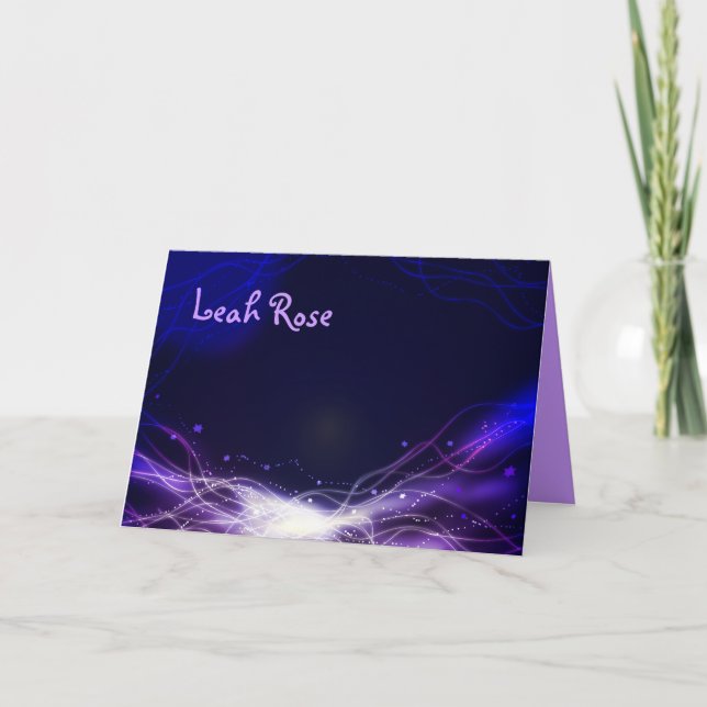 Glowing Neon Stars Thank You card purple (Front)