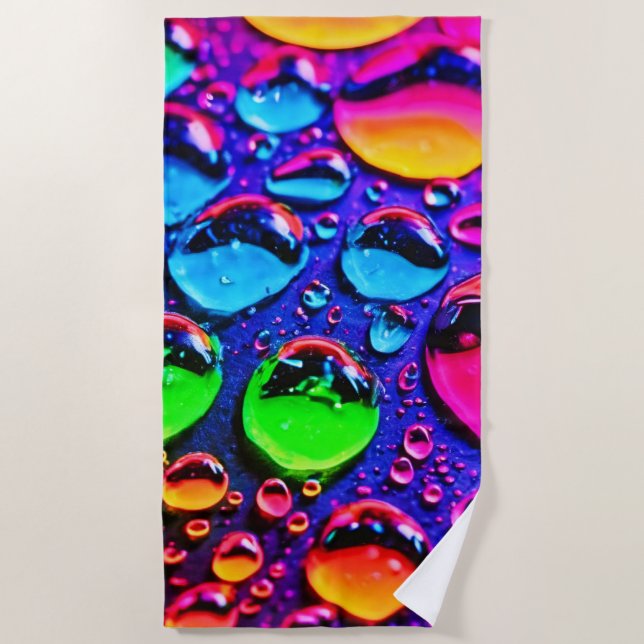 Glowing Neon Water Drops Art Beach Towel (Front)