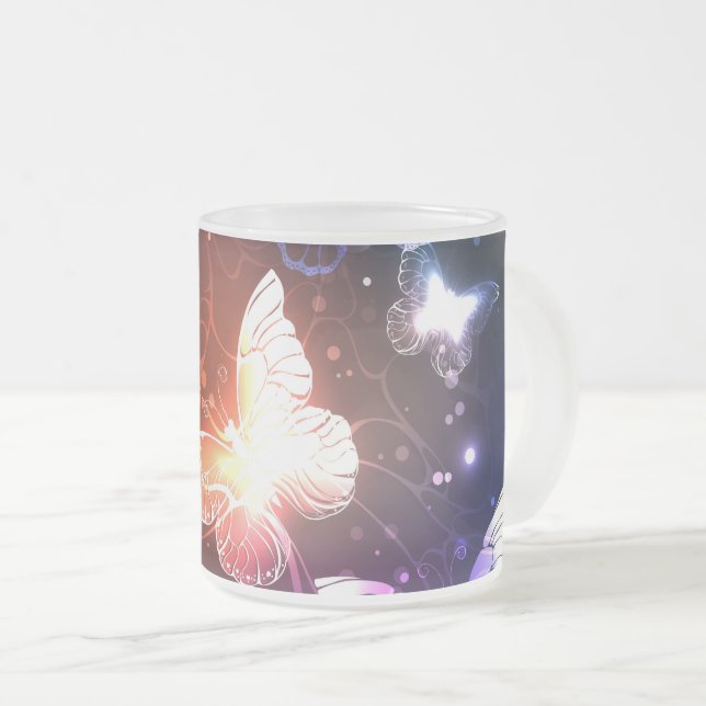 Glowing Night Butterflies Frosted Glass Coffee Mug (Front Right)