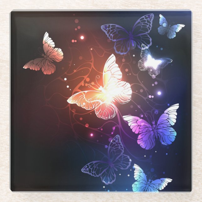 Glowing Night Butterflies Glass Coaster (Front)