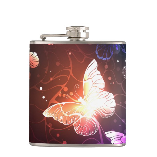 Glowing Night Butterflies Hip Flask (Front)